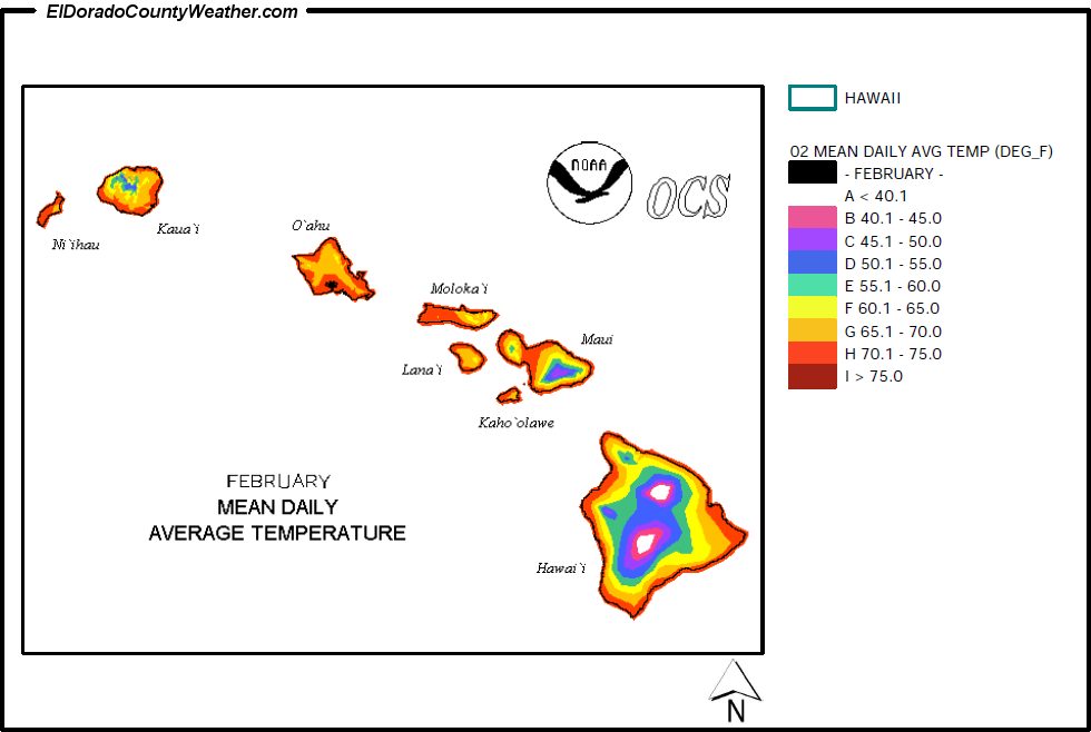 Hawaii Climate Map for February Annual Mean Daily Average Temperature